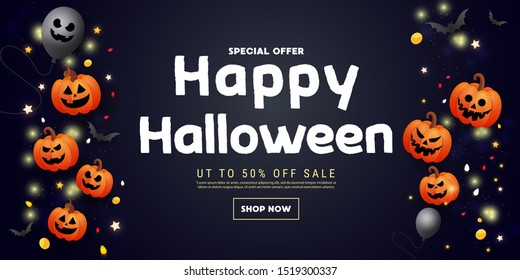 Happy Halloween sale banner with scary face ghost balloons, bats and gold glitter decors on dark background. Template for greeting card, brochure or poster.