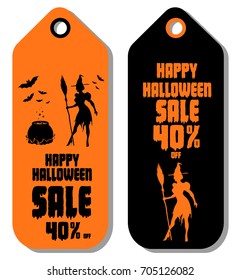 Happy Halloween sale banner. Silhouette beautiful witch with a broom in his hand and a magic hat. Design for concept poster, label or sticker. Cartoon style. Vector illustration.