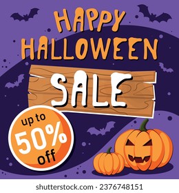 Feliz anuncio de venta de Halloween o afiche en medios sociales con texto, tablero de madera, calabazas y murciélagos. Postal de descuento de Halloween con fondo morado oscuro