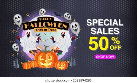 Feliz Anuncio de venta de Halloween: Fondo espeluznante con calabazas Jack-O'-Lanterns, fantasmas, globos y murciélagos para celebraciones de trucos o golosinas el 31 de octubre. Vector.