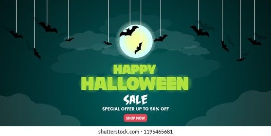 Happy halloween sale banner template bats web on black background decoration for poster, flyer, voucher, web and card vector illustration