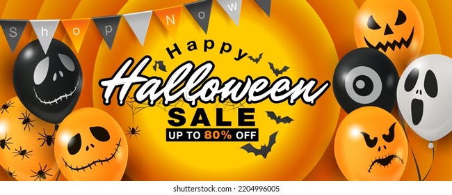 Happy halloween sale banner template with cute halloween balloons. Promotion special sale 80% Shoping online.