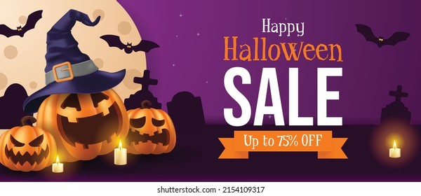 Happy Halloween Sale Banner. Halloween vector illustration with halloween pumpkins, and halloween elements.