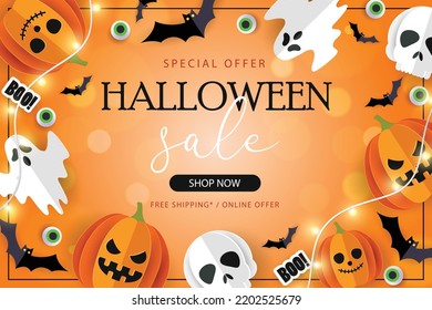 Happy Halloween sale banner vector. Halloween background with bats, ghosts and pumpkin in paper cut style. Halloween poster design.