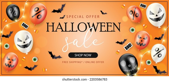 Happy Halloween sale banner vector. Halloween background with bats, ghosts and pumpkin in paper cut style. Halloween poster design.