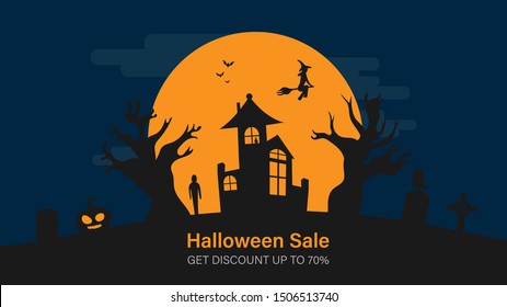 Happy halloween sale banner for website. Halloween holiday event. Flash sale on halloween. Halloween vector illustration