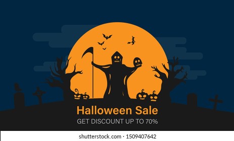 Happy halloween sale banner for website. Don't miss halloween holiday event. Flash sale on halloween. Halloween vector illustration