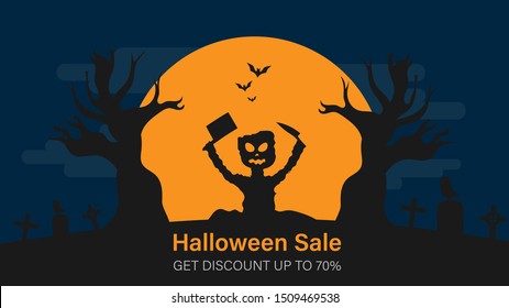 Happy halloween sale banner with zombie rise from death for website. Don't miss halloween holiday event. Flash sale on halloween. Halloween vector illustration