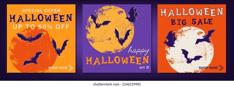 Happy Halloween sale banners  collection. Halloween holiday sale templates set with lettering and bats. Vector illustration