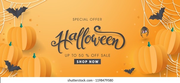 Happy Halloween sale banners or party invitation background.Vector illustration .calligraphy of "halloween"