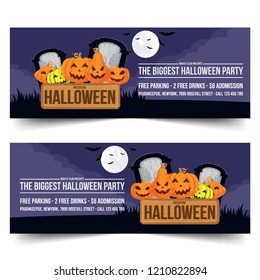 Happy Halloween sale banners or party invitation background. Halloween Sale web banner with group of cute pumpkin in tombstone.