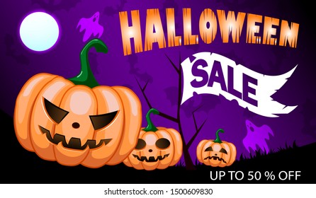 Happy Halloween sale banners or party invitation background.Vector illustration with pumpkins in the moonlight. Best Sale special offer banner template holiday shopping.