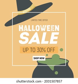 Happy Halloween sale banners or party invitation background with a witch's hat and a cauldron of potion. Vector illustration . Calligraphy of "halloween"