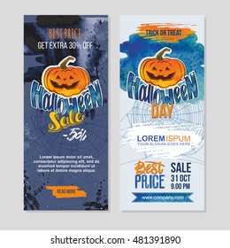 Happy Halloween sale banners witch pumpkin and hand lettering. Grunge texture background