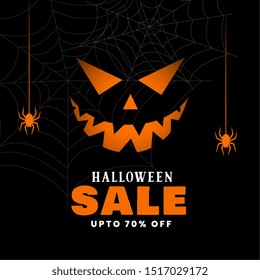 happy halloween sale black background with spiders and ghost face