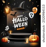 Happy Halloween sale black podium, bright lamp, pumpkin, bat flying, balloon, poster flyer design on sign black background, Eps 10 vector illustration