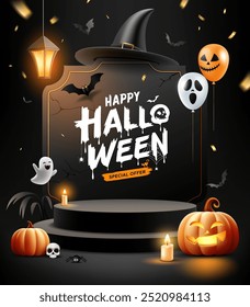 Happy Halloween sale black podium, bright lamp, pumpkin, bat flying, balloon, poster flyer design on sign black background, Eps 10 vector illustration