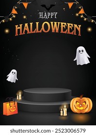 Happy Halloween sale black podium,  pumpkin, bat flying, ghost, poster flyer design on sign black background, Eps 10 vector illustration