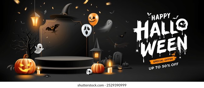 Happy Halloween sale black podium, bright lamp, pumpkin, bat flying, balloon, banner design on sign black background, Eps 10 vector illustration