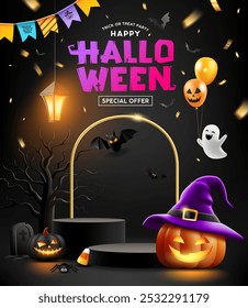 Feliz Halloween venda pódio preto, lâmpada brilhante, abóbora em um chapéu sorridente, voar de morcego, fantasma segurando balão, design do folheto do cartaz em fundo preto, Eps 10 ilustração vetorial