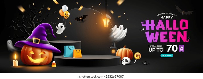 Happy Halloween sale black podium, bright lamp, Pumpkin in a smiling hat, bat flying, ghost holding balloon, banner design on black background, Eps 10 vector illustration