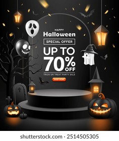 Happy Halloween sale black podiums, pumpkin, balloons, ghost, and bat flying, poster flyer design on black background, Eps 10 vector illustration