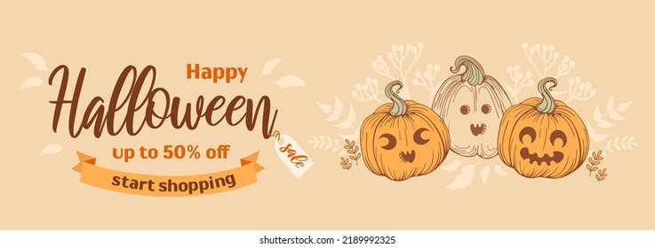 Happy halloween sale. Bright horizontal banner in sketchy style, vintage earthy tones. Jack o lantern. Pumpkin with funny and cheerful, autumn leaves. For advertising banner, poster, flyer