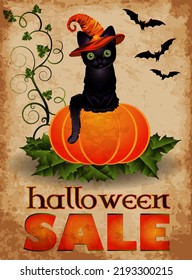 Happy Halloween sale card with black cat and pumpkin, vector illustration
