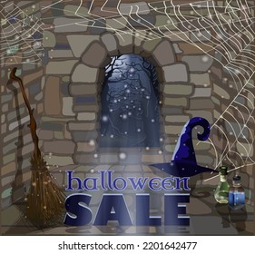 Happy Halloween sale card with broom. vector illustration	