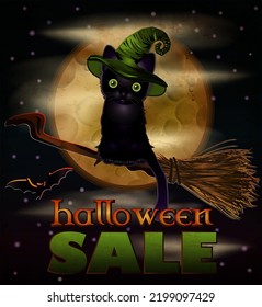 Happy Halloween sale card with cat and moon. vector illustration	