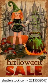 Happy Halloween sale card, Little cute witch with spoon, vector illustration