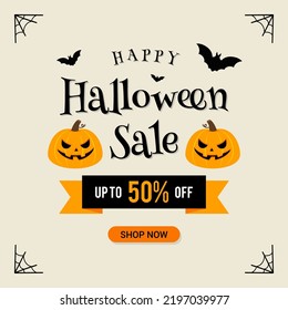 Happy Halloween Sale card template vector illustration. Halloween pumpkin with bats