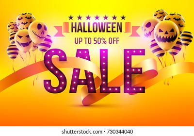 Happy Halloween Sale concept with Halloween Ghost Balloons.Scary air balloons and Retro light sign with "SALE" Text.Flyer or invitation template,Brochures,Poster or Banner.Vector illustration EPS10