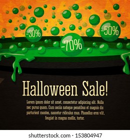 Happy halloween Sale cute retro banner on the craft paper texture with black witch cauldron boiling the green potion, with sale marks in bubbles, halloween greeting and place for your text. Vector. 