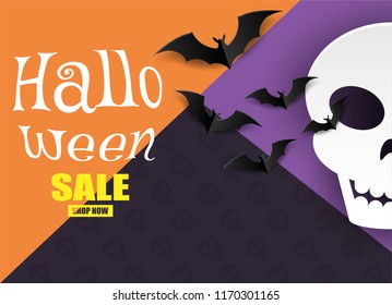Happy Halloween sale .Design with paper art style background . vector