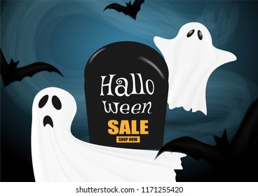 Happy Halloween sale .Design with scary ghost and bats, dark background . vector