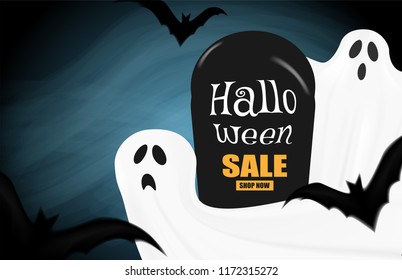 Happy Halloween sale .Design with scary ghost and bats, dark background . vector