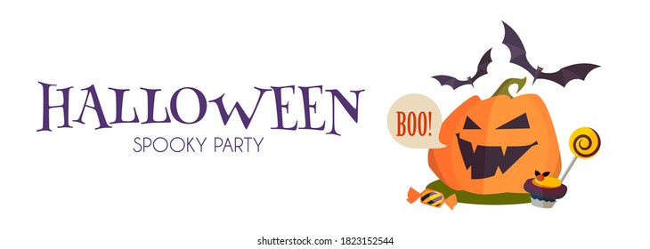 Happy Halloween Sale Design Template with Smilling Pumplin, Candy and Bats,