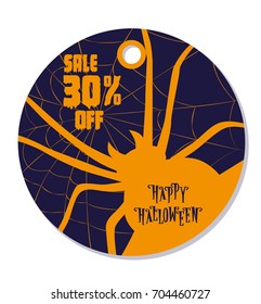 Happy Halloween sale discount banner. Nightmare spider monster in web. Design for concept banner, poster, label or sticker. Cartoon style. Vector illustration.