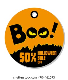 Happy Halloween sale discount banner. Eyes nightmare monster. Design for concept banner, poster, label or sticker. Cartoon style. Vector illustration.