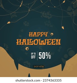 Happy Halloween sale discount poster design and spider nest with blue backdrop vector illustration.