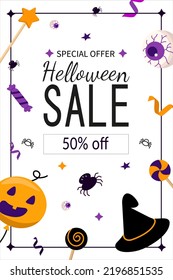 Happy Halloween sale flyer with Halloween elements.Eye, pumpkin, balloon, lollipops, serpantine, hat witch, spider, stars, sweet. Vector illustration for poster, banner, special offer.