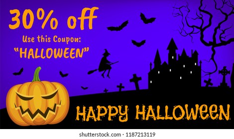 Happy Halloween sale with flying witch on broom and Jack-o'-Lantern pumpkin