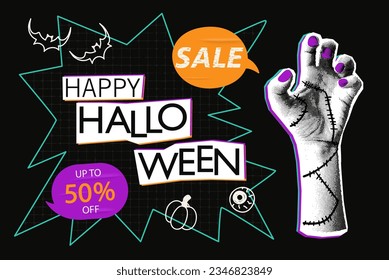 Happy Halloween sale halftone collage banner with zombie hand, doodles and speech bubbles. Modern mixed media design. Spooky pop art background template. Vector illustration