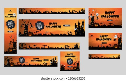 Happy Halloween Sale header or banner set, flat 50% discount offer with haunted castle, spooky tree and pumpkin on night background.