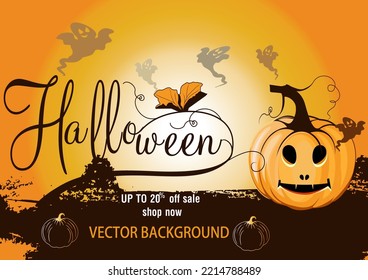 Happy Halloween sale horizontal banner. Holiday promo banner with spooky flying ghosts, black spiders and bats