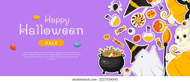 Happy Halloween sale horizontal banner on violet background vector flat design. 