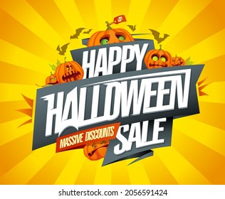 Happy halloween sale, massive discoiunts, vector poster design template with pumpkins and ribbon