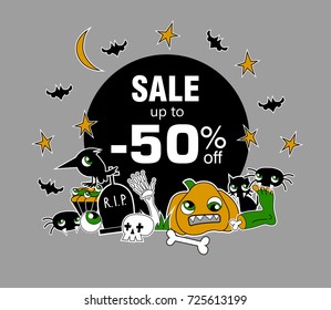 Happy Halloween sale message design background with pumpkins, Skull, Spider, Slime, Cat, Bat, Bone