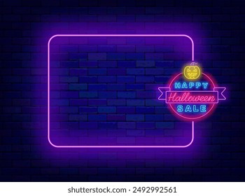 Happy Halloween sale neon banner. October special offer. Empty purple frame and typography with pumpkin. Season shopping flyer. Copy space. Editing text. Vector stock illustration